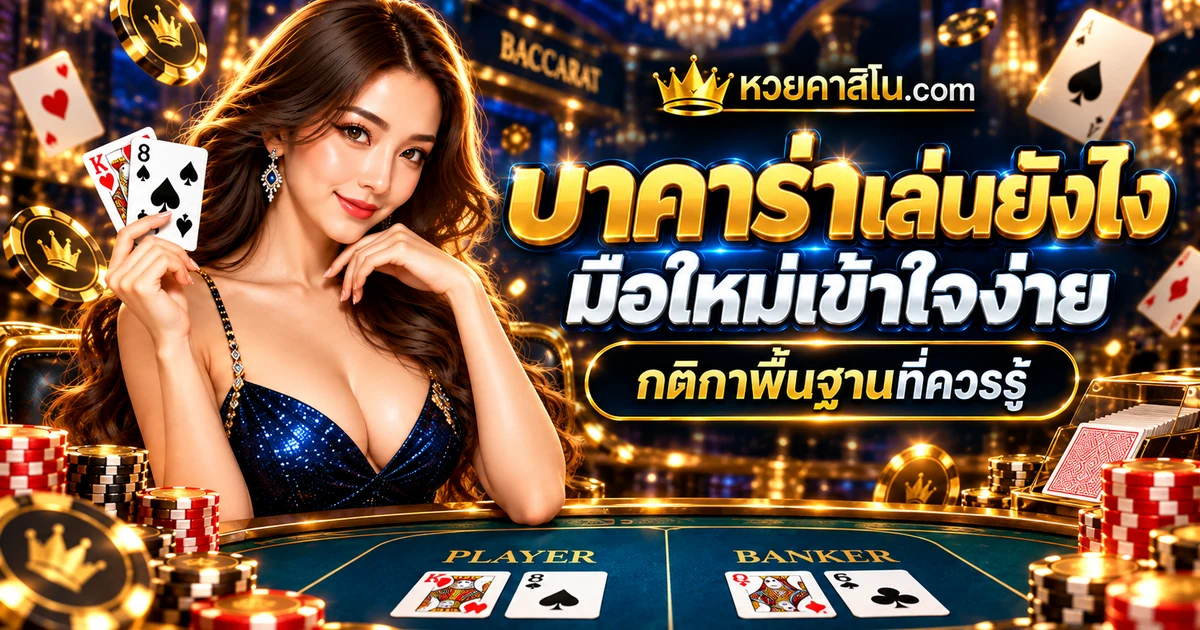 ภาพปกบทความบาคาร่าเล่นยังไง: เข้าใจ Player Banker และ Tie แบบพื้นฐาน โทนสีน้ำเงินทอง แสดงสัญลักษณ์เกมเพื่อประกอบความรู้