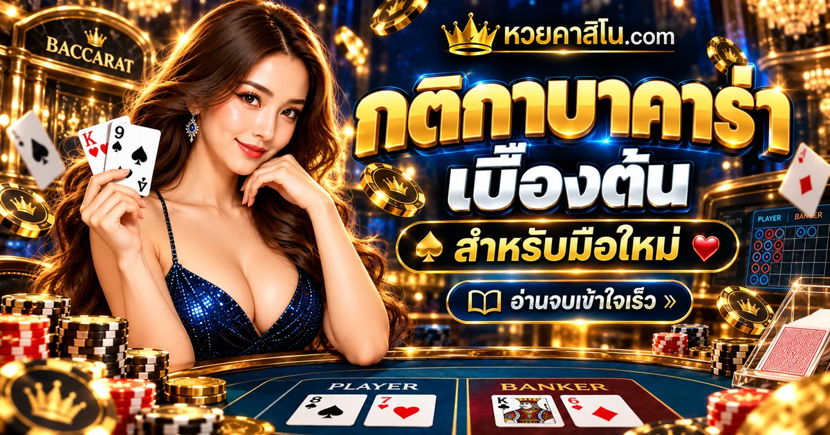 ภาพปกบทความกติกาบาคาร่าสำหรับมือใหม่: วิธีนับแต้มและการจั่วไพ่ โทนสีน้ำเงินทอง แสดงสัญลักษณ์เกมเพื่อประกอบความรู้